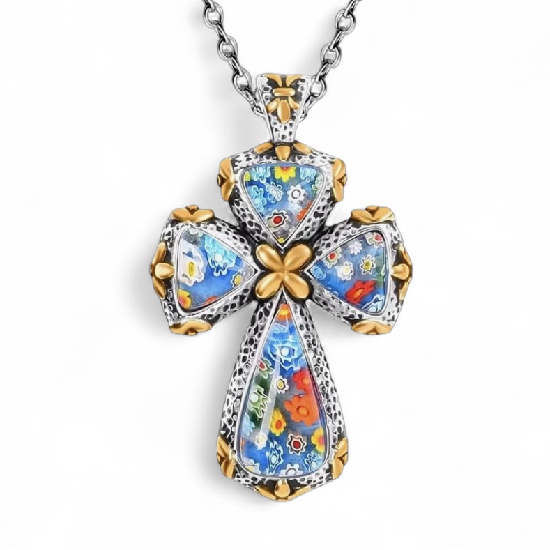 Italian Murano Millefiori Glass Flower Cross Pendant Cable Chain Necklace